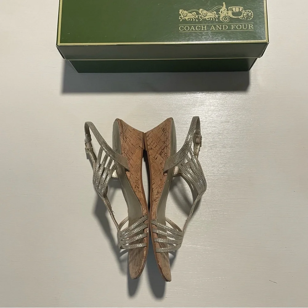 Coach and Four Gold Strappy Metallic Wedge Sandals Size 7.5 Cork Heel